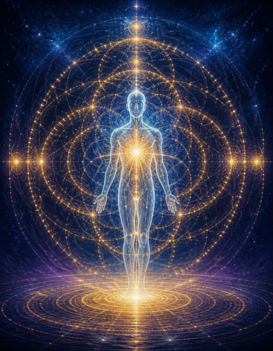 Luminous human figure surrounded by concentric cosmic aura rings representing the seven dimensional layers of the human field